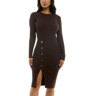 Thumbnail 2: Nina Leonard Women's Solid Front Slit Long Sleeve Sweater Dress 