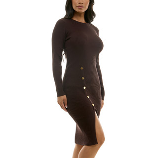 Thumbnail 3: Nina Leonard Women's Solid Front Slit Long Sleeve Sweater Dress 
