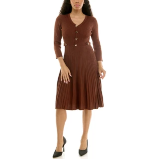 Thumbnail 1: Nina Leonard Women's Solid Ribbed Flare Skirt Sweater Dress 