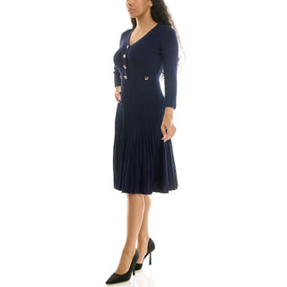 Thumbnail 2: Nina Leonard Women's Solid Ribbed Flare Skirt Sweater Dress 