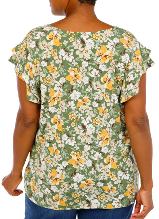 Thumbnail 2: Cure Women's Plus Floral Ruffle Sleeve 2 Button Top 