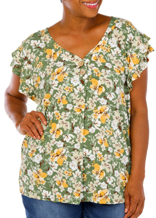 Thumbnail 1: Cure Women's Plus Floral Ruffle Sleeve 2 Button Top 