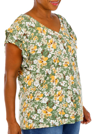Thumbnail 4: Cure Women's Plus Floral Ruffle Sleeve 2 Button Top 