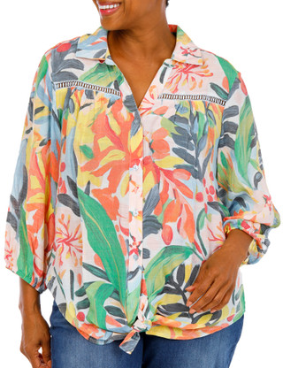 Thumbnail 1: Hope & Harlow Women's Plus Tropical Button Down Tie Front Top 