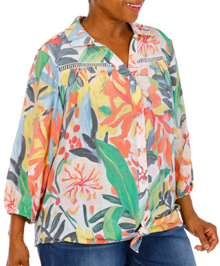 Thumbnail 4: Hope & Harlow Women's Plus Tropical Button Down Tie Front Top 