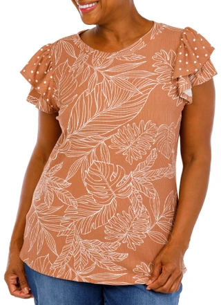 Thumbnail 1: Anneliese Women's Plus Ruffle Sleeve Tropical Print Top 