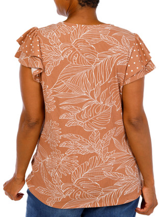 Thumbnail 4: Anneliese Women's Plus Ruffle Sleeve Tropical Print Top 