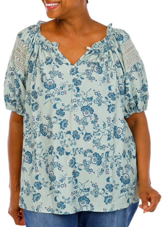 Thumbnail 1: Chenault Women's Plus Crochet Trim Puffy Sleeve Top 