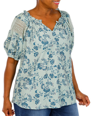 Thumbnail 4: Chenault Women's Plus Crochet Trim Puffy Sleeve Top 