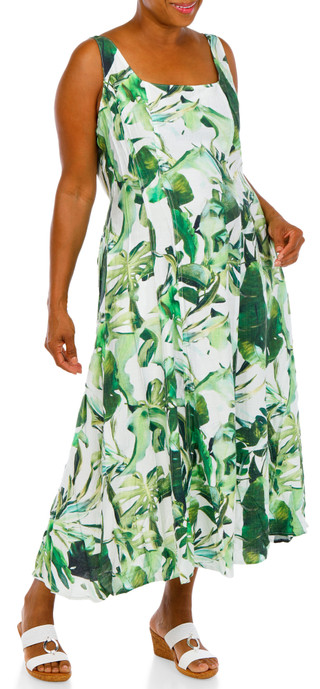 Thumbnail 4: MELLODAY Women's Plus Smocked Palm Print Swing Dress 