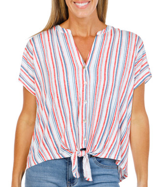 Thumbnail 1: Status by Chenault Women's Short Sleeve Stripe Tie Front Top 