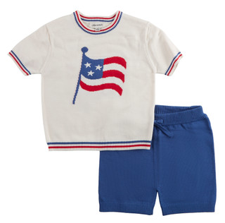 Thumbnail 1: Little Stitch Toddler Boys 2 Pc USA Flag Short Sleeve Sweater & Shorts Set 