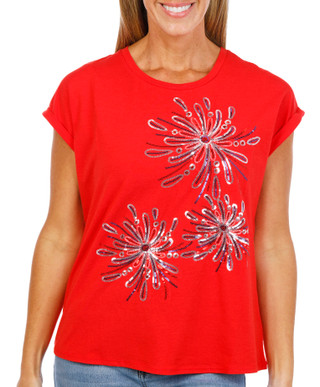 Thumbnail 1: Kiss & Fly Women's Short Sleeve Sequin Fireworks Top 