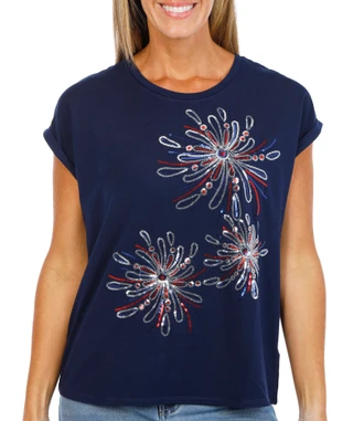 Thumbnail 1: Kiss & Fly Women's Short Sleeve Sequin Fireworks Top 
