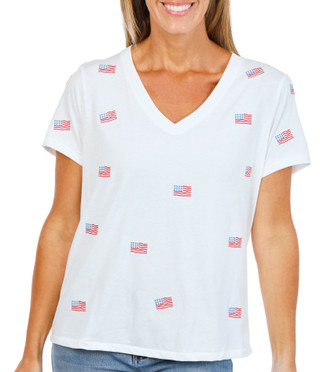 Thumbnail 1: Wild Fox Women's Short Sleeve American Flag V-Neck Top 