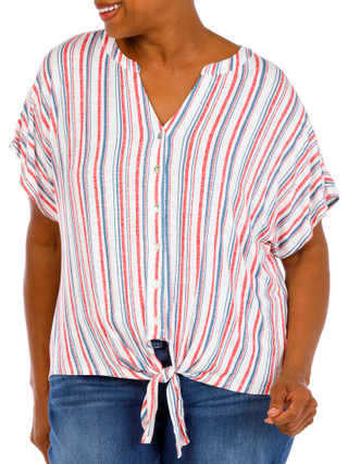 Thumbnail 1: Status by Chenault Plus Short Sleeve Stripe Tie Front Top 