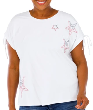 Thumbnail 1: Kiss & Fly Women's Plus Short Sleeve Star Tie Sleeve Top 