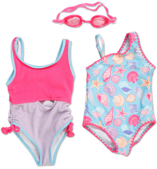 Thumbnail 1: Young Hearts Little Girls 3 Pc Swimsuit Set w/ Goggles  