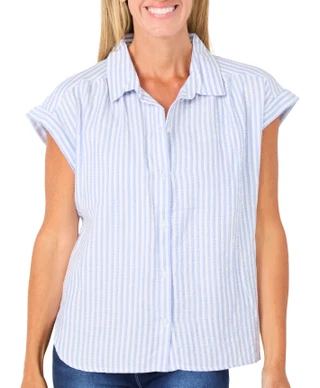 Thumbnail 1: Dash Women's Short Sleeve Striped Button Down Top 