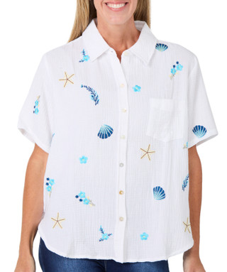 Thumbnail 1: Philosophy Women's Short Sleeve Cotton Button Down Top 
