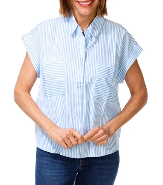 Thumbnail 1: HYFVE Women's Short Sleeve Striped Button Down Top 