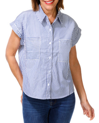 Thumbnail 1: HYFVE Women's Short Sleeve Striped Button Down Top 