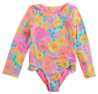 Thumbnail 1: Breaking Waves Little Girls Ruffle Floral Rashie One Piece Swimsuit 