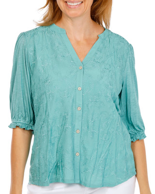 Thumbnail 1: Democracy Womens Elbow Lantern Sleeve Mixed Media Top 