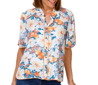Thumbnail 1: Democracy Women's Short Sleeve Floral Button Down Top 