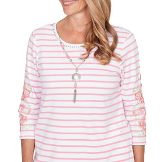 Thumbnail 2: Alfred Dunner Womens 3Q Sleeve Stripe Embroidered Top 
