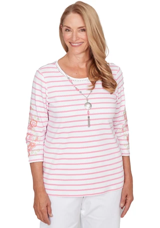 Thumbnail 1: Alfred Dunner Womens 3Q Sleeve Stripe Embroidered Top 