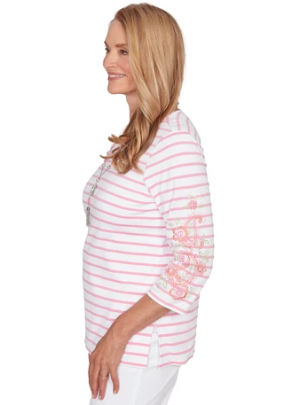 Thumbnail 4: Alfred Dunner Womens 3Q Sleeve Stripe Embroidered Top 
