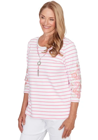 Thumbnail 5: Alfred Dunner Womens 3Q Sleeve Stripe Embroidered Top 