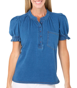 Thumbnail 1: Cyrus Women's Short Puff Sleeve Denim Top 
