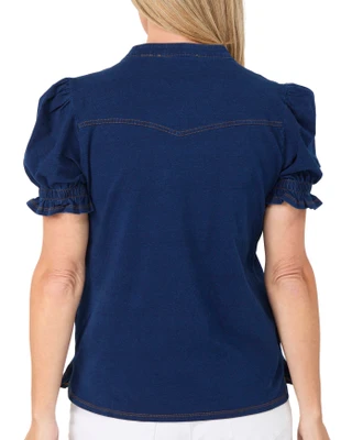 Thumbnail 2: Cyrus Women's Short Puff Sleeve Denim Top 