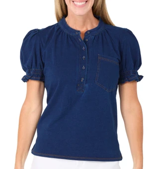 Thumbnail 1: Cyrus Women's Short Puff Sleeve Denim Top 