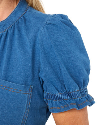 Thumbnail 2: Cyrus Women's Short Puff Sleeve Denim Top 