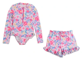 Thumbnail 1: Young Hearts Girls 2 Pc Rashguard One Piece & Swim Shorts Set 