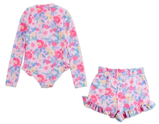 Thumbnail 2: Young Hearts Girls 2 Pc Rashguard One Piece & Swim Shorts Set 