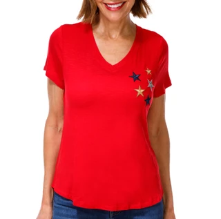 Thumbnail 1: RIO & RIAN Petite Short Sleeve Embroidered Stars Top 