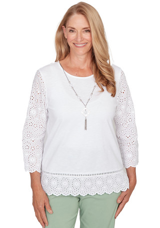 Thumbnail 1: Alfred Dunner Womens 3Q Sleeve Solid Eyelet Trim Top 