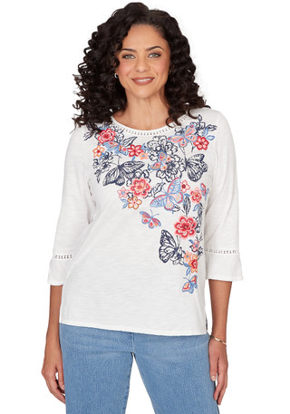 Thumbnail 1: Alfred Dunner Womens 3Q Sleeve Embroidered Butterfly Top 