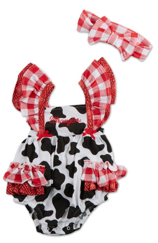 Thumbnail 1: Wrangler Baby Girls Ruffled Cow Print Romper with Headband 