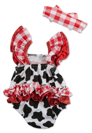 Thumbnail 2: Wrangler Baby Girls Ruffled Cow Print Romper with Headband 