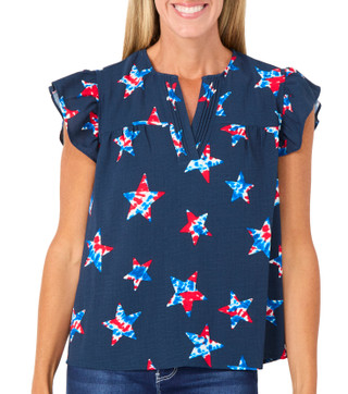 Thumbnail 1: Nicole Miller Women's Short Sleeve Split Neck Star Top 