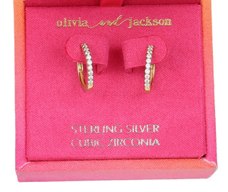 Thumbnail 2: OLIVIA & JACKSON Sterling Silve Gold CZ Huggie Hoop Earrings 