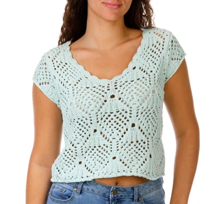 Thumbnail 1: BY TOGETHER Junior's Short Sleeve Open Crochet Top 