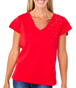 Thumbnail 1: ILU Women's Short Sleeve V Neck Bedazzled Top 