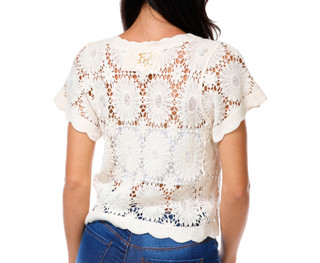 Thumbnail 3: REBELLION Junior's Short Sleeve Flower Crochet Button Cardigan 