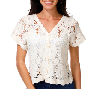 Thumbnail 1: REBELLION Junior's Short Sleeve Flower Crochet Button Cardigan 